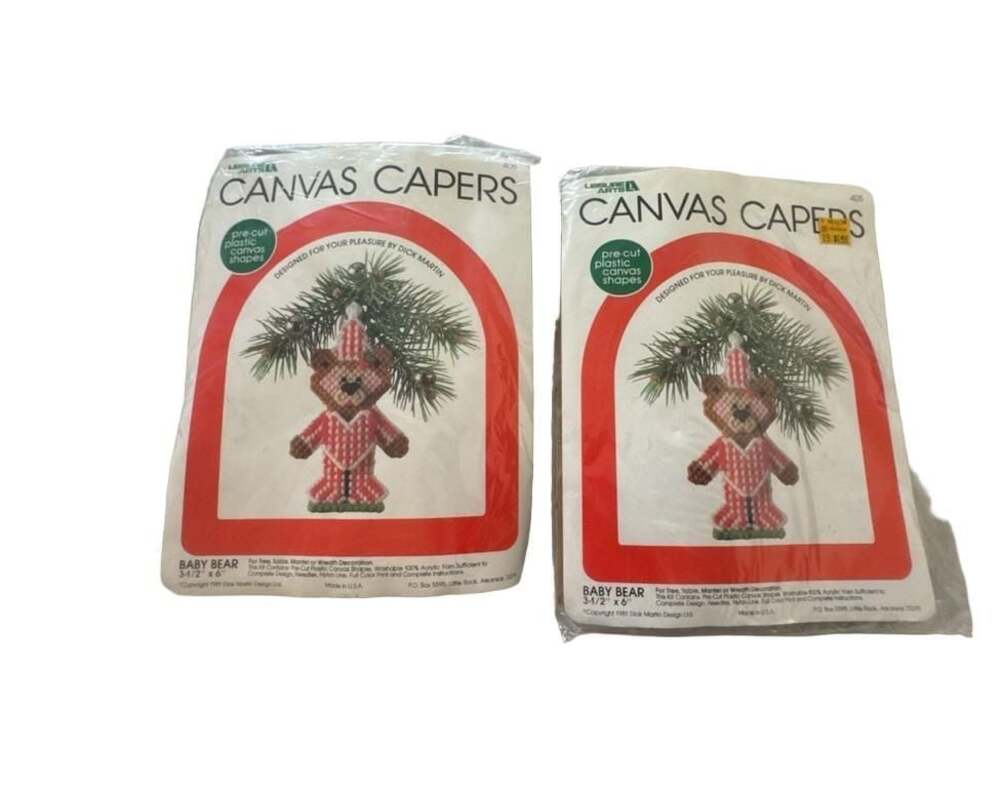Lot of 2 Leisure Arts Canvas Capers Baby Bear Plastic Canvas Ornament Kits 1981